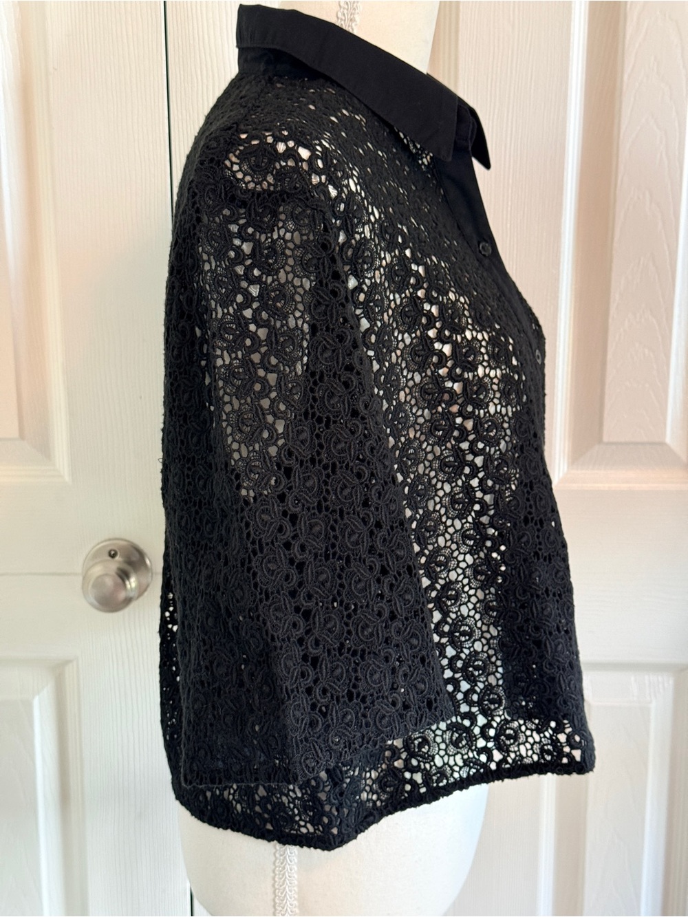 NWT Abercrombie & Fitch Black Crochet Lace Cropped Button-Down Shirt M MSRP $80 - Picture 3 of 8